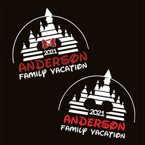 May include: White silhouette of Cinderella's castle with red Mickey Mouse ears and a red bow on top. The text "2021 Anderson Family Vacation" is in red below the castle.