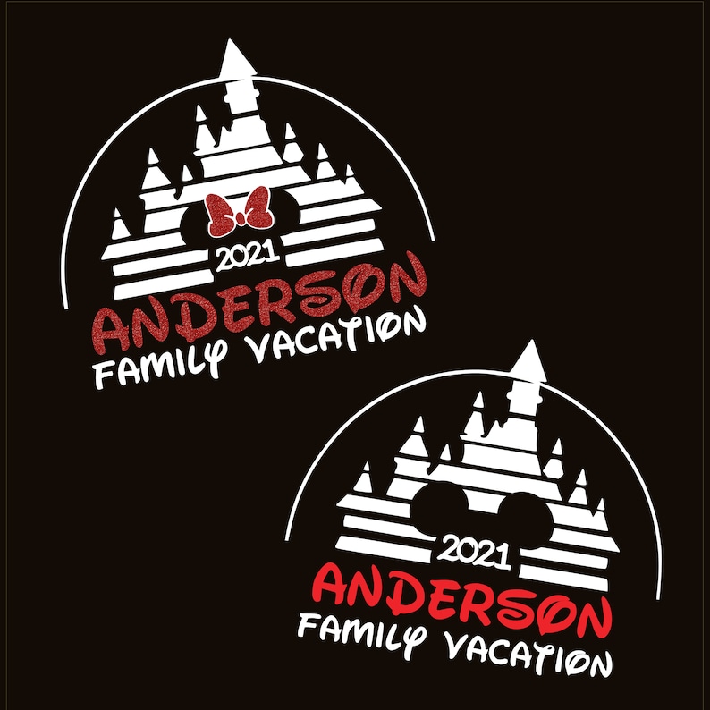 May include: White silhouette of Cinderella's castle with red Mickey Mouse ears and a red bow on top. The text "2021 Anderson Family Vacation" is in red below the castle.