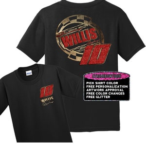May include: Black t-shirt with a gold and red glitter design featuring the name "Willis" and the number "10". The shirt is available in a variety of colors and includes free personalization, artwork approval, color changes, and glitter.