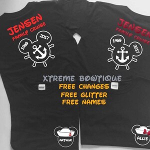 May include: Two black t-shirts with a white anchor and Mickey Mouse head design. The text "Jensen Family Cruise" is on the shirts. The shirts have the years 1966 and 2017 on them. The shirts also have the text "XTREME BOWTIQUE FREE CHANGES FREE GLITTER FREE NAMES" on them. The shirts have the names "Allie" and "Arthur" on them.