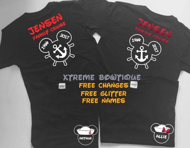 May include: Two black t-shirts with a white anchor and Mickey Mouse head design. The text "Jensen Family Cruise" is on the shirts. The shirts have the years 1966 and 2017 on them. The shirts also have the text "XTREME BOWTIQUE FREE CHANGES FREE GLITTER FREE NAMES" on them. The shirts have the names "Allie" and "Arthur" on them.