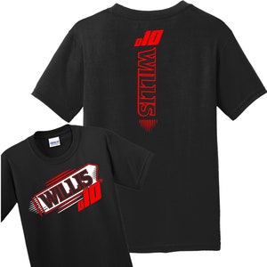 May include: Black t-shirt with a red graphic of the name "Willis" and the number "10" on the front. The back of the shirt has the name "Willis" and the number "10" vertically down the back.