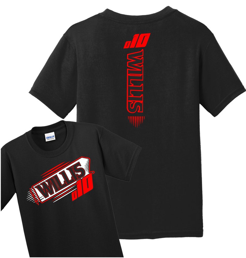 May include: Black t-shirt with a red graphic of the name "Willis" and the number "10" on the front. The back of the shirt has the name "Willis" and the number "10" vertically down the back.