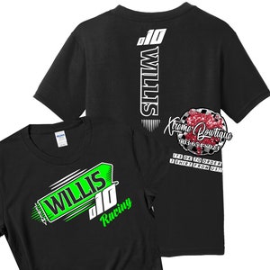 K&ouml;nnte beinhalten: Zwei schwarze T-Shirts mit einem gr&uuml;nen und wei&szlig;en Renndesign. Die Vorderseite des Shirts sagt "WILLIS 010 Racing". Die R&uuml;ckseite des Shirts sagt "WILLIS 010" und hat ein rotes und wei&szlig;es Herz mit dem Text "Kreme Boutique 903-654-8023 ITS OK TO ORDER 1 SHIRT FROM US!!"