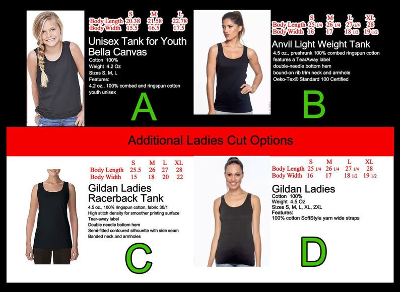 Puede incluir: La imagen muestra cuatro camisetas sin mangas negras con informaci&oacute;n sobre tallas y materiales. Las camisetas sin mangas est&aacute;n etiquetadas: Unisex Tank for Youth, Anvil Light Weight Tank, Gildan Ladies Racerback Tank y Gildan Ladies. Las medidas est&aacute;n en cm.