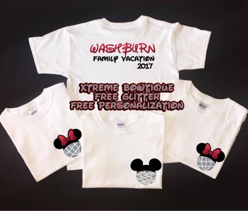 May include: Four white t-shirts with a red and silver glitter Mickey Mouse design. The top shirt has the text "Washburn Family Vacation 2017" in red glitter. The text "XTREME BOUTIQUE FREE GLITTER FREE PERSONALIZATION" is printed on the shirts.