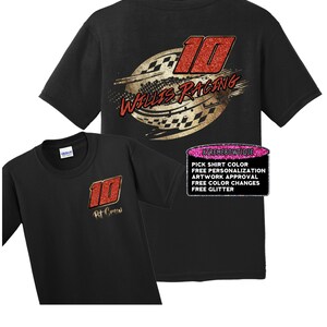 May include: Black t-shirt with a red and gold glitter design featuring the number 10 and the text "Wallis Racing". The back of the shirt has the text "Pt Crew" and the number 10. The shirt is available in a variety of colors and can be personalized with glitter.