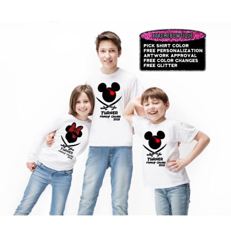 May include: Three white t-shirts with a pirate-themed Mickey Mouse design. The shirts feature a black Mickey Mouse head with a red eye patch and crossed swords. The text "TURNER FAMILY CRUISE 2018" is printed below the design.