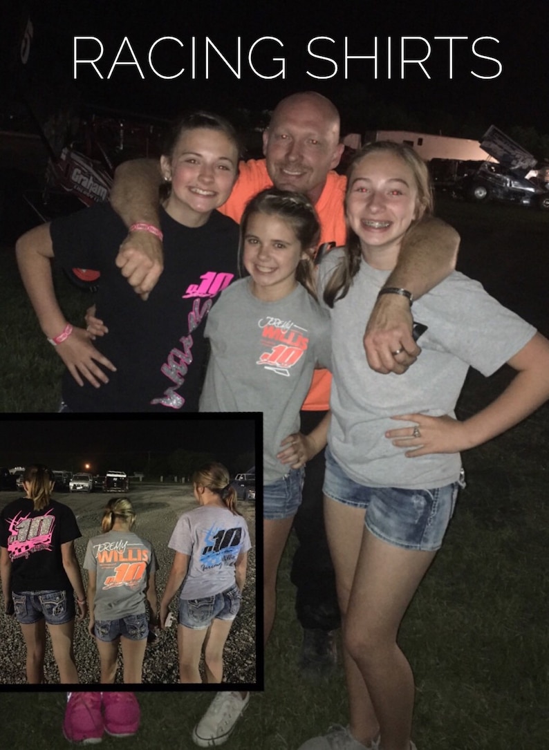 May include: A group of four people wearing racing shirts with the number 10 and the name "Willis" on them. The shirts are gray, black, and white. The people are standing in front of a dark background.