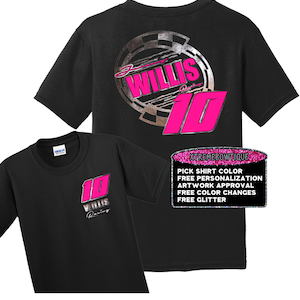 May include: Black t-shirt with a silver and pink design featuring the name "Willis Racing" and the number "10". The back of the shirt has a larger version of the design. The shirt is available in a variety of colors and can be personalized with free artwork approval, color changes, and glitter.