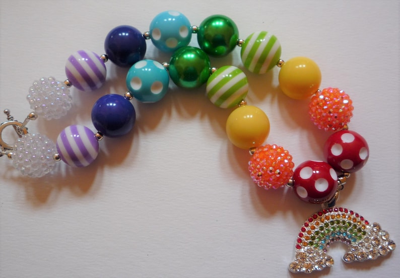 Colorful Rhinestone Rainbow Pendant on Chunky Bubble Gum Bead Necklace for Girls