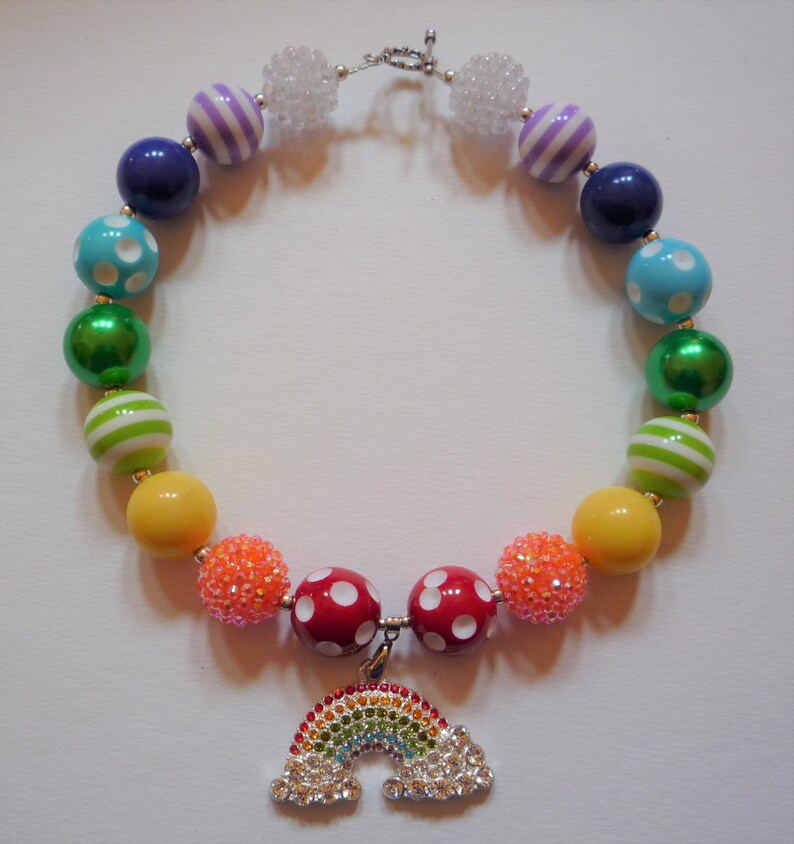 Colorful Rhinestone Rainbow Pendant on Chunky Bubble Gum Bead Necklace for Girls