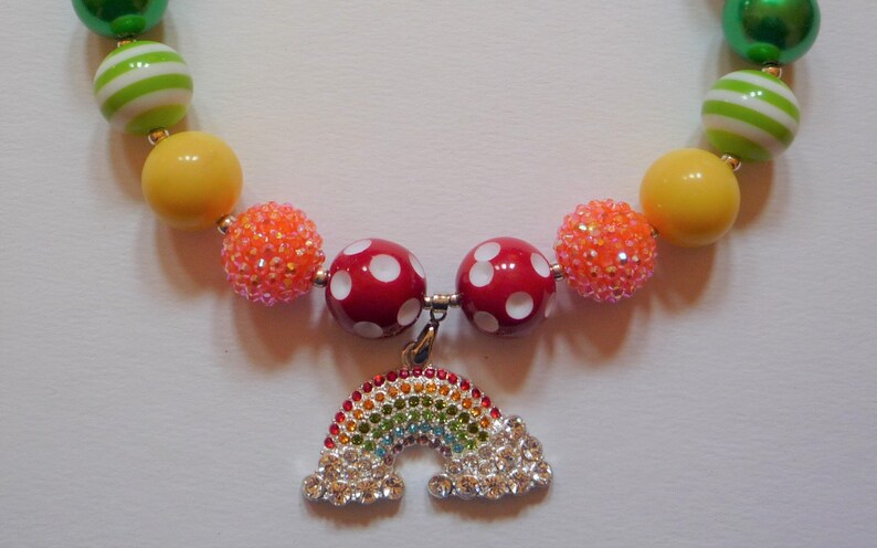Colorful Rhinestone Rainbow Pendant on Chunky Bubble Gum Bead Necklace for Girls