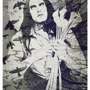 May include: A black and white illustration of a man with long hair holding a bouquet of white flowers. The background is a dark forest with birds flying around him.