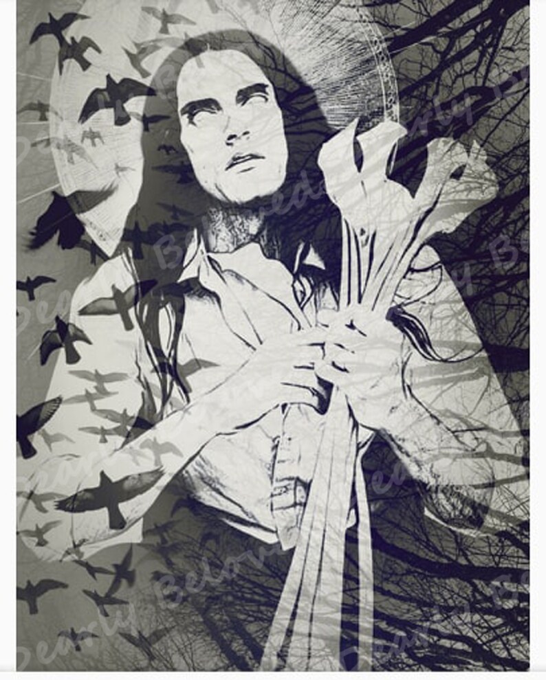 May include: A black and white illustration of a man with long hair holding a bouquet of white flowers. The background is a dark forest with birds flying around him.