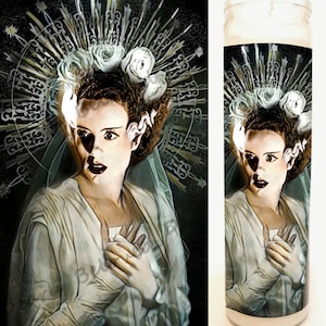 Bride of Frank, Frankenstein Altar Candle, Devotional 8" glass jar votive