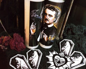 St Edgar Allan Poe Altar Candle, 8" glass jar votive, Patron Saint of Dark Poets, OG Goth, Prayers for Nevermore