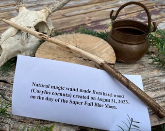 Traditional Magic WandNatural Hazelwood (Corylus cornuta) magic wand created on August 31, 2023, the Blue Super Full Moon