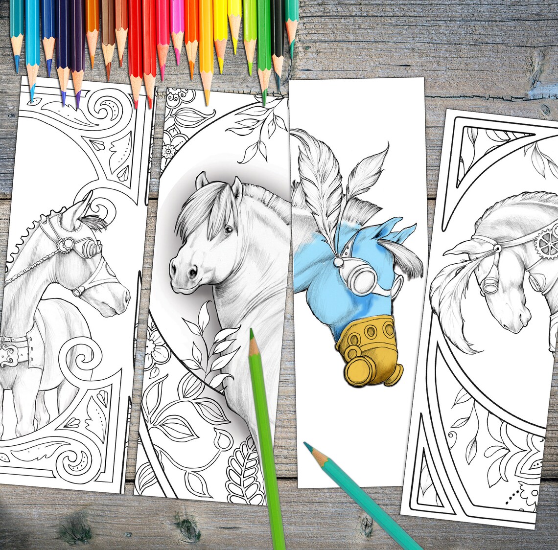 instant download bookmark coloring horse designs printable