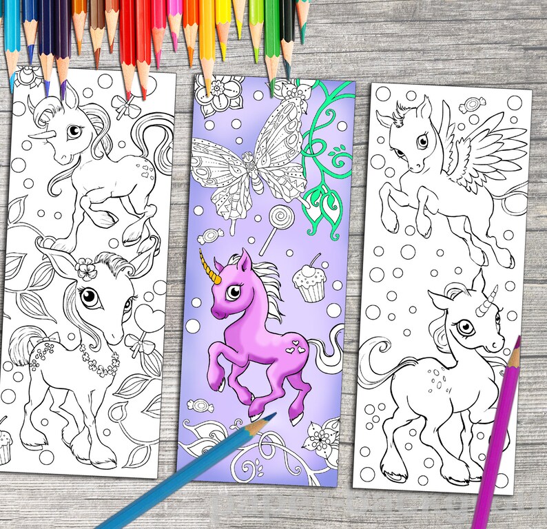 instant download bookmark coloring page designs unicorn ponies etsy