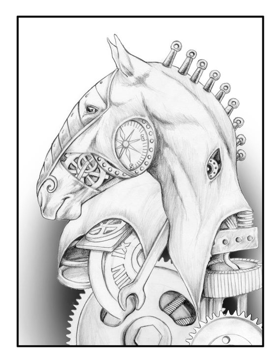 Download Adult Coloring Page Steampunk Equine Horse For Adults Animal Etsy