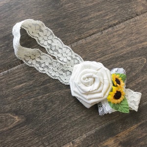Handmade ivory grosgrain ribbon flower and Sunflower lace Headband image 2