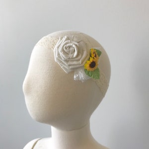 Handmade ivory grosgrain ribbon flower and Sunflower lace Headband image 7