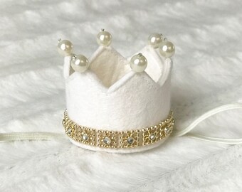 Handmade ivory felt gold trim birthday crown headband