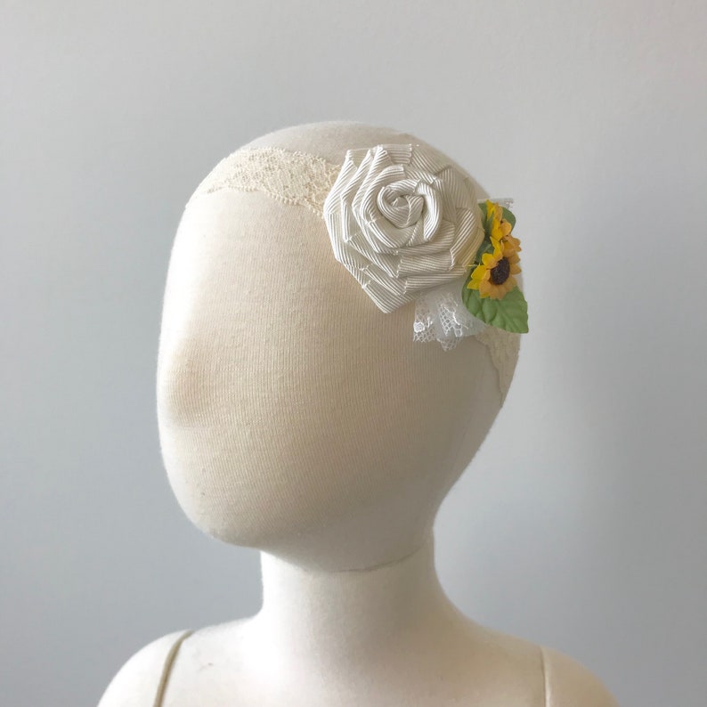 Handmade ivory grosgrain ribbon flower and Sunflower lace Headband image 6