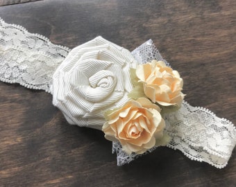 Handmade ivory grosgrain ribbon flower and light yellow flower lace Headband