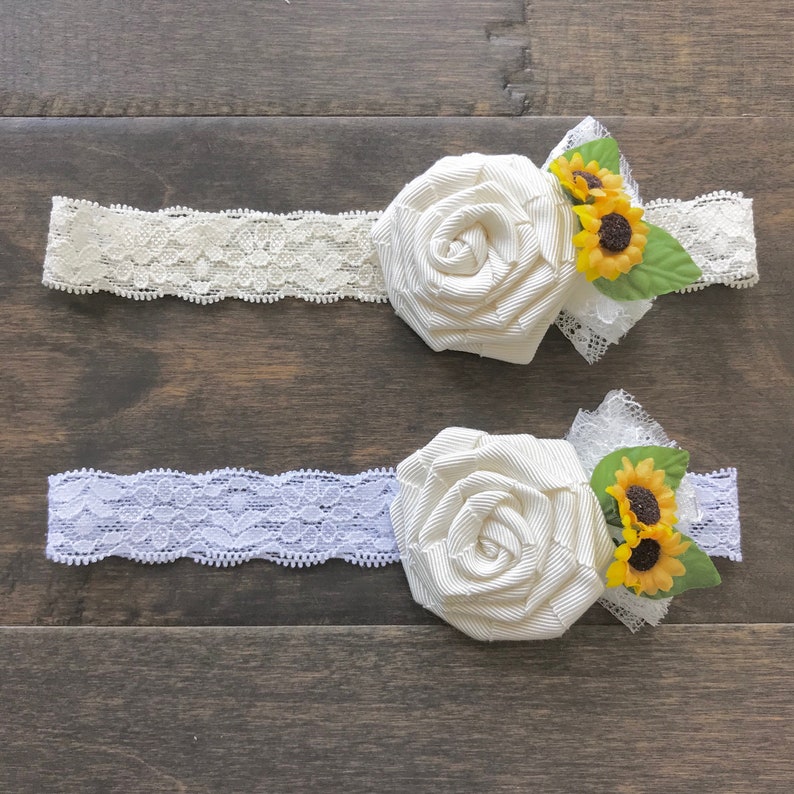 Handmade ivory grosgrain ribbon flower and Sunflower lace Headband image 5