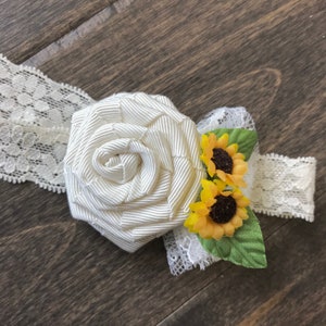 Handmade ivory grosgrain ribbon flower and Sunflower lace Headband image 3