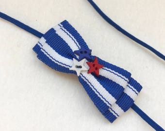 Blue And White Striped Ribbon Bow USA Flag Headband