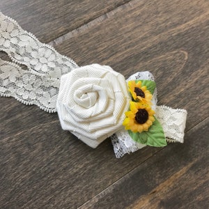 Handmade ivory grosgrain ribbon flower and Sunflower lace Headband image 1