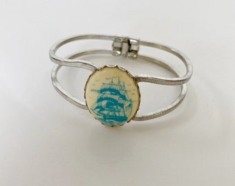 Retro Clamp Bracelet with Blue Pirate Ship