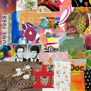 May include: A collage of various images and textures. Includes a black and white photo of two men, floral patterns, and a red card with a cat illustration. The text "JUNE-1968" is visible. The overall aesthetic is vintage and artistic.