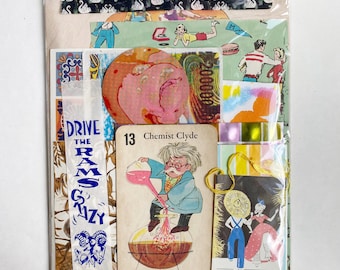 Puede incluir: Un collage de recortes de papel de colores, que incluye una ilustración vintage de un químico, una ilustración caprichosa de una pareja bailando y un anuncio vintage de "Drive the Rams Crazy".