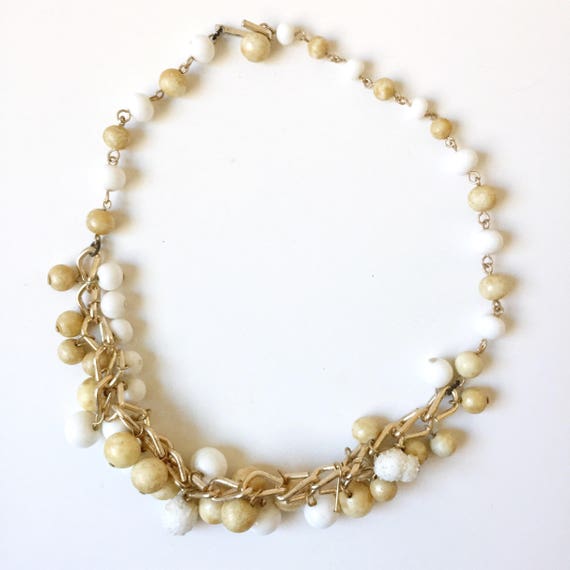 Mid-Century White and Tan Beaded Necklace - image 1