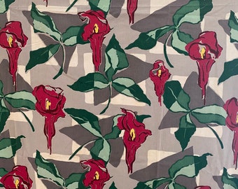 Vintage Art Deco Floral Fabric - Maroon Lillies & Geometric Gray Print