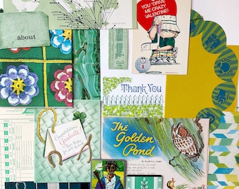 May include: A collage of vintage paper ephemera including a map of Europe, a Valentine card with a golf theme, a Thank You note, a Golden Pond book cover, a graduation tag, watch advertisements, and various green patterned paper scraps.