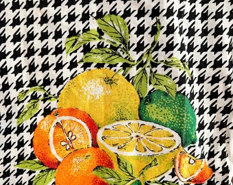 Adorable Vintage Tea Towel With Citrus Fruits - Black and White Houndstooth with Lemons, Limes and Oranges