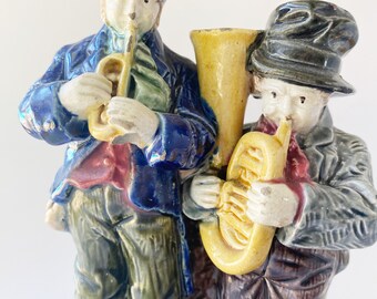 Antique Bernhard Bloch Majolica 3 Hole Vase Musicians - Horn Players Smoking Set.