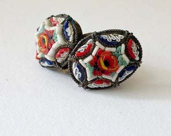 Vintage Micro Mosaic Earrings - Italian Flower Clip Ons