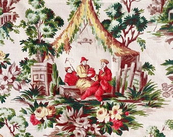 Vintage Barkcloth with Midcentury  Pagodas, Fisherman and Flowers