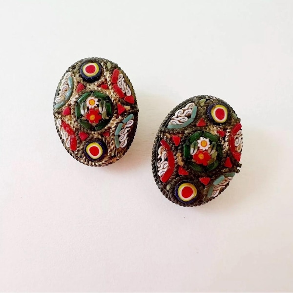 Antique Micro Mosaic Earrings - Italian Flower Clip Ons