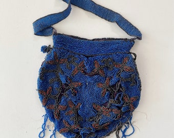 Antique Blue Beaded Purse With Art Nouveau Pattern - Vintage Bead Bag