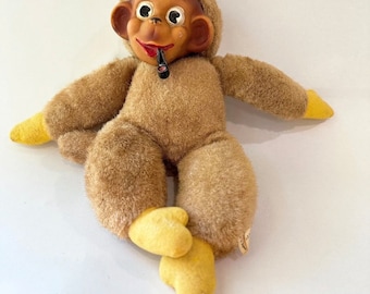 Rubber face Plush Monkey W/ Hat Vintage Toy Stuffed Animal by A.D. Sutton Sons - made in Japan