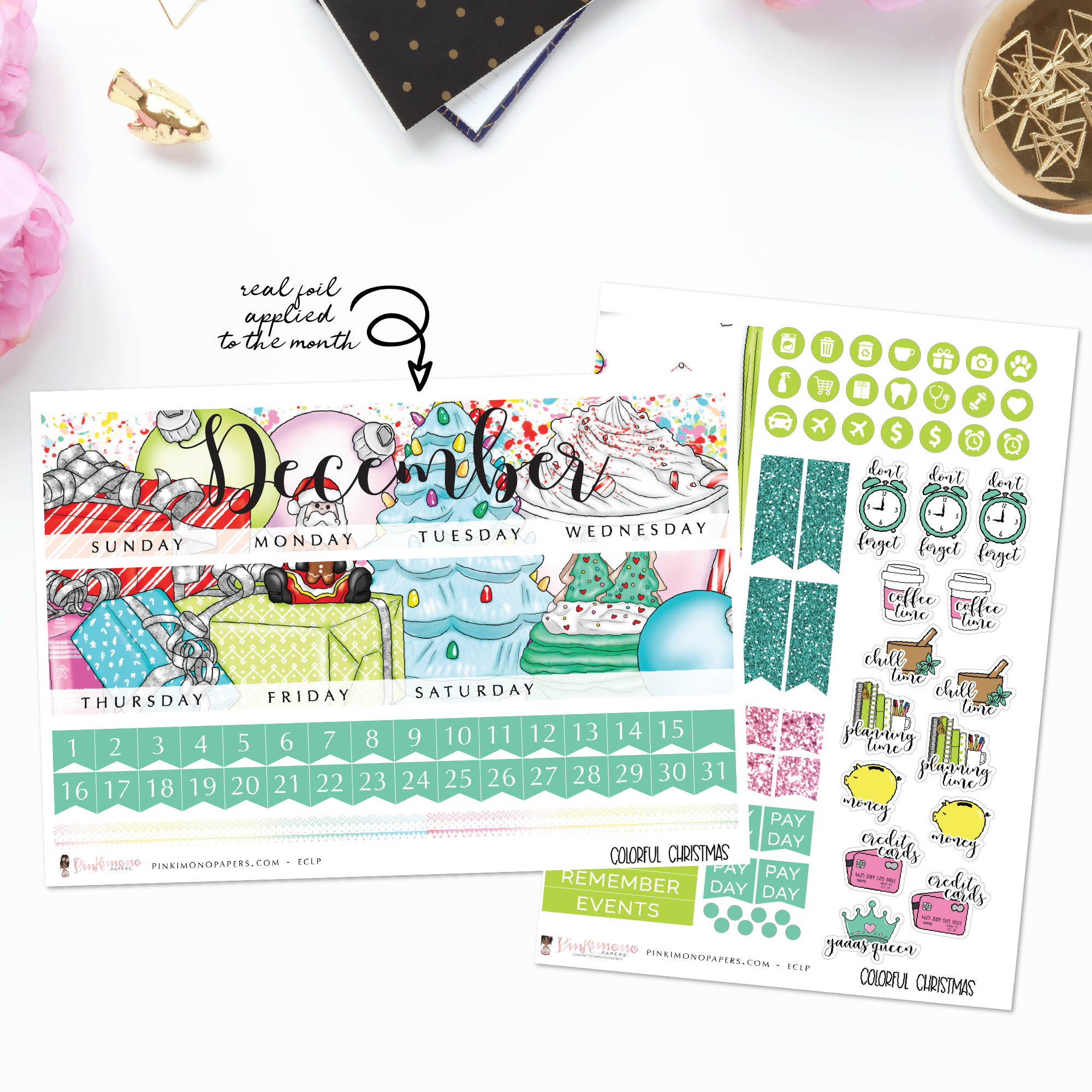 Bunte Weihnachten - Monatliches Stickerkit, ECLP Monatliches Kit, ECPP Monatliches Kit, HP Classic Monatliches Kit, Happy Planner Mini Monatliches Kit