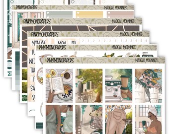 May include: A set of planner stickers featuring a green, brown, and white color scheme. The stickers feature illustrations of a woman reading a book, a woman riding a bicycle, a woman drinking coffee, and a coffee maker. The stickers also include the text "Magical Mornings" and "Pinkimonopapers".