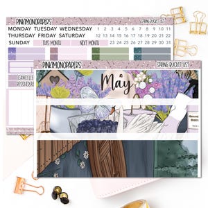 May include: A set of printable planner stickers featuring a floral design with a swan, a bucket, and a bottle of hand soap. The stickers are labeled "Spring Bucket List" and "May".